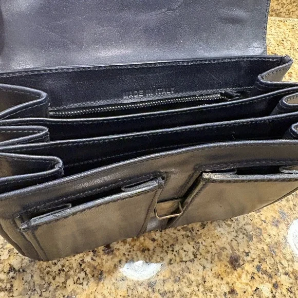 Vintage Italian Leather Small Satchel structured Hand Bag Midnight Blue Pockets - Picture 7 of 13